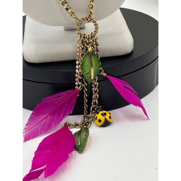Betsey Johnson HAWAIIAN LUAU Ladybug Leaf & Pink Feather Y Necklace - Picture 3 of 9